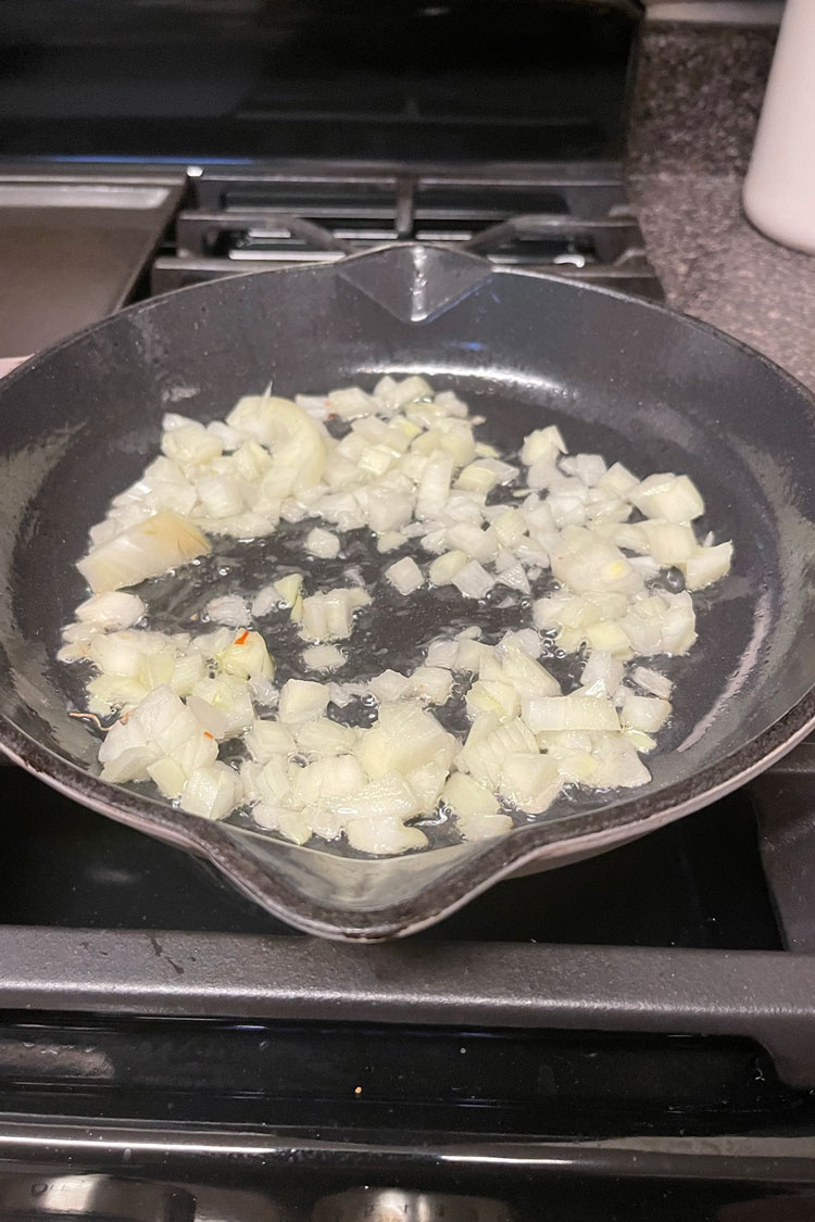 Heat oil in a skillet over medium heat. Once hot, add the onion and sautรฉ for 3 minutes. Heat-oil-in-a-skillet-over-medium-heat.-Once-hot,-add-the-onion-and-saute-for-three-minutes.