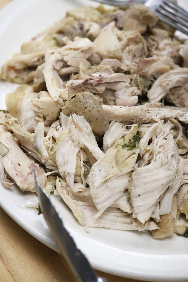 Remove the chicken pieces from the soup and shred them with two forks. Set aside.ย Shredded-chicken-for-chicken-noodle-soup.