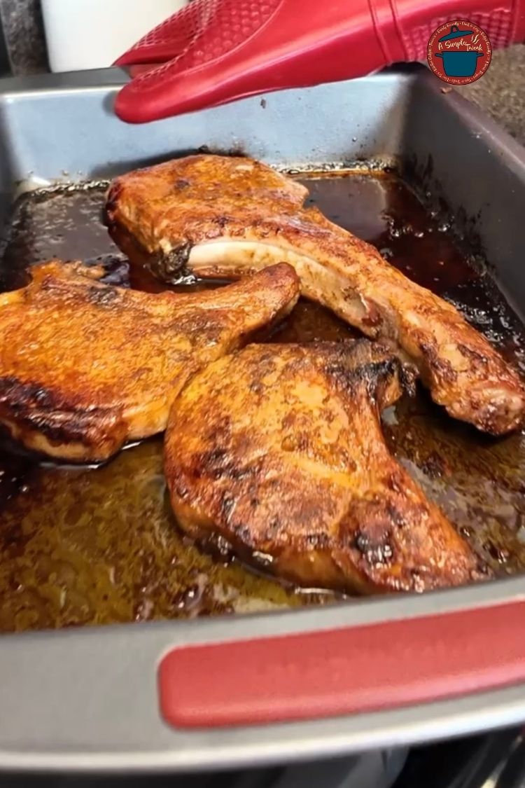 Bake everything in the oven at 350 degrees for 40-45 minutes. For a nice golden brown color, broil the chops for the last two minutes. The Best Juicy Baked Bone-in Pork Chops.