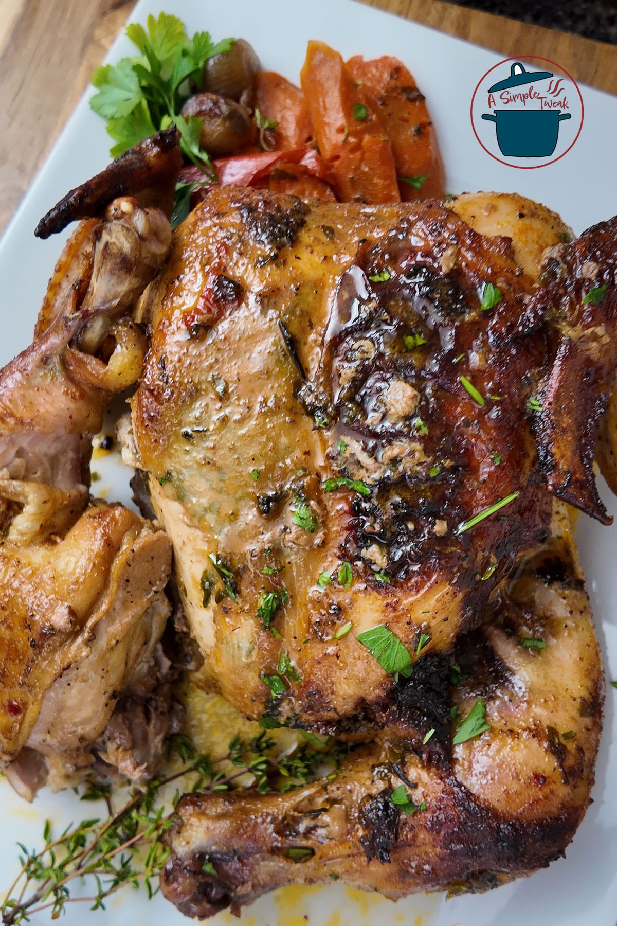 This recipe for spatchcock chicken in a cast iron skillet is perfect for dinner, meal prep, or make-ahead meals. With a cooking time of under an hour, it's the best way to roast a whole chicken. The garlic herb butter rub mixed with spices and herbs ensures that the chicken is always tender, juicy, and golden. This-recipe-for-spatchcock-chicken-in-a-cast-iron-skillet-is-perfect-for-dinner,-meal-prep,-or-make-ahead-meals