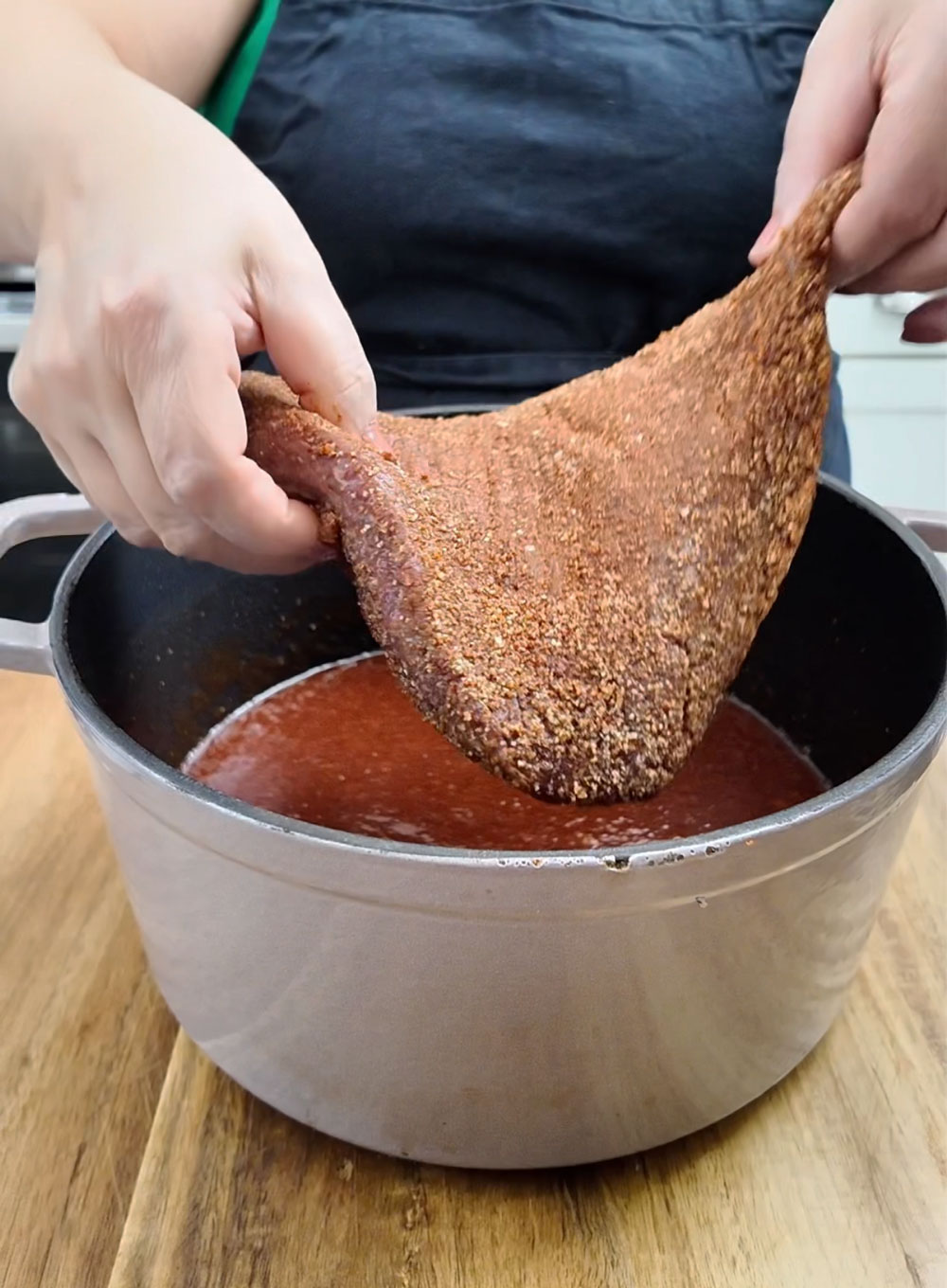 Add the brisket to the pot, cover it, then cook in the oven low and slow for 3 hours for a 2-3 pound brisket. Brisket-is-known-for-its-rich-flavor-and-tenderness-when-cooked-low-and-slow.-And-that-is-exactly-what-we-are-going-to-do-in-this-recipe.