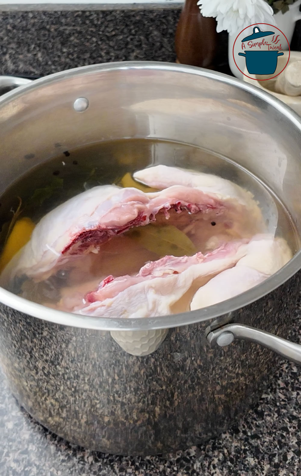 When brining chicken, use a pan or container large enough to submerge the chicken. Easy-Brine-for-whole-chicken