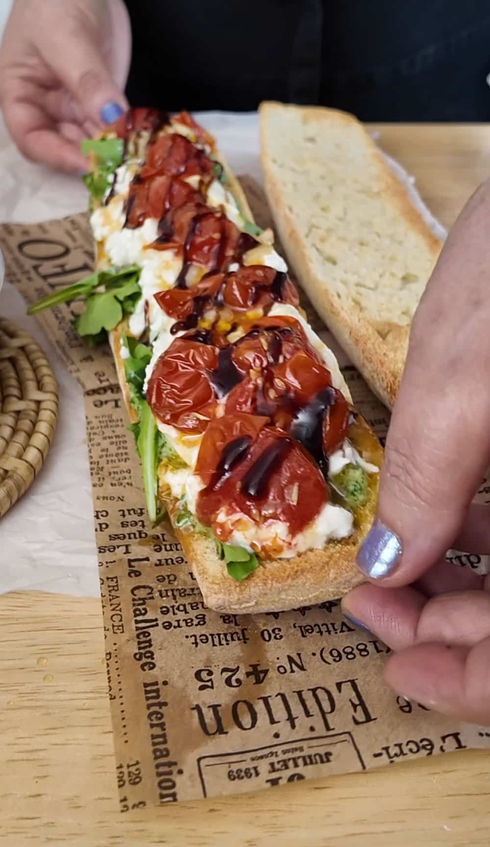 Drizzle some balsamic glaze, cover with the top half of the ciabatta or baguette, and serve! Caprese-Sandwich-Recipe