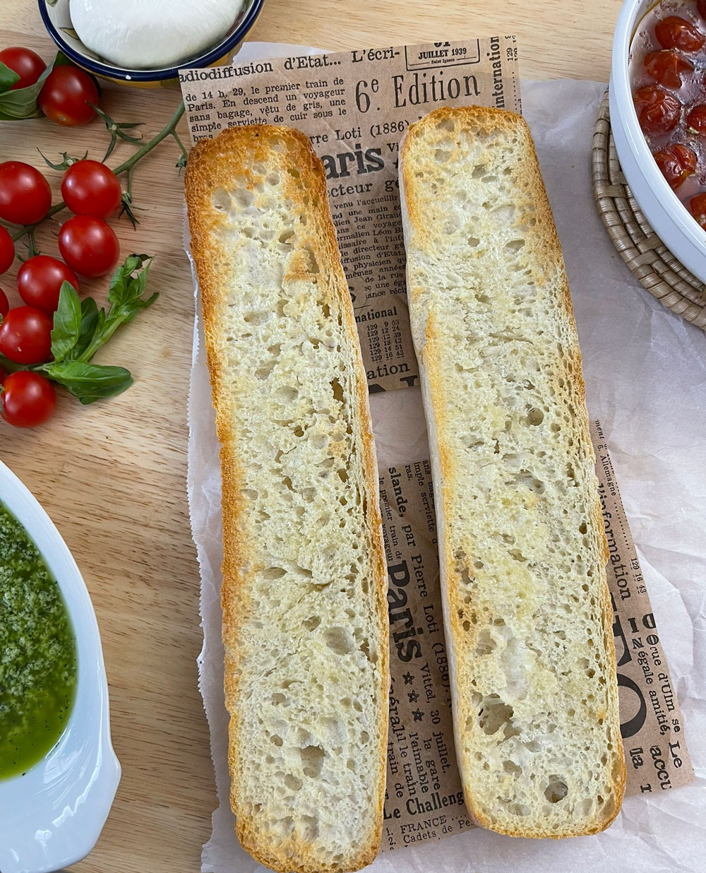 Brush the bread with olive oil or unsalted butter and bake until it is warm, toasty, and perfectly crusty. You can also use a toaster. ciabatta-bread-or-baguette,-lightly-toasted