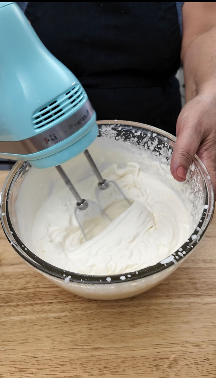In a large bowl or stand mixer, add 2 cups of cream, 1/3 cup powdered sugar, and 1 teaspoon vanilla. Beat on high speed for 2-5 minutes until thickened with peaks that hold their shape. Keep refrigerated until ready to serve. Freshly-whipped-cream-is-a-must.