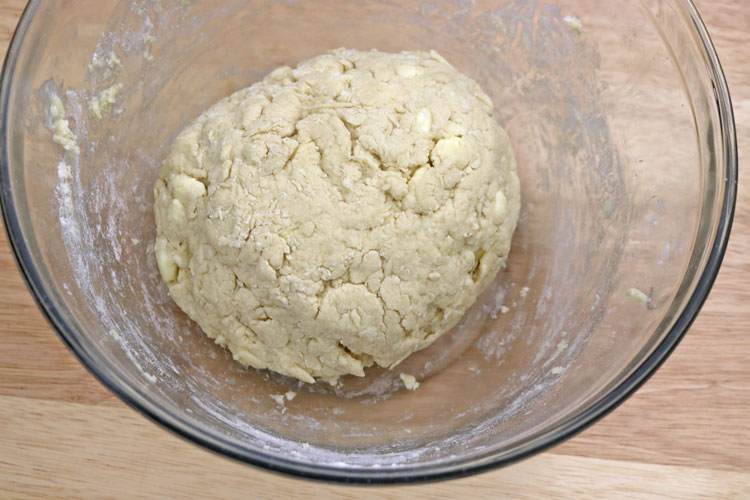 Use a rubber spatula to mix until you have a shaggy dough. It's okay if some flour is not fully mixed in. Flour your hands and knead the dough a few times in the bowl, pressing in any loose flour. Use-a-rubber-spatula-to-mix-until-you-have-a-shaggy-dough.-It-is-okay-if-some-flour-is-not-fully-mixed-in.