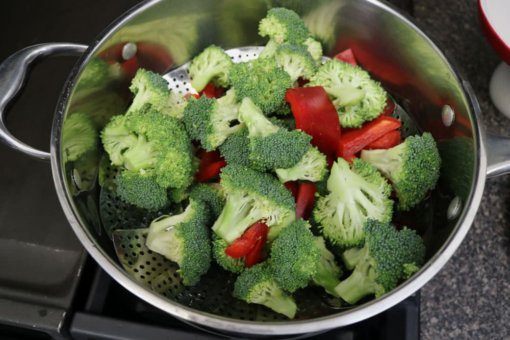 I only added a small amount of water into a pot and placed the steamer inside. add all the veggies and cover for 5 minutes or until your veggies have the desired texture. I like mine with a crunch.ย I only added a small amount of water into a pot and placed the steamer inside. add all the veggies and cover for 5 minutes or until your veggies have the desired texture. I like mine with a crunch.ย
