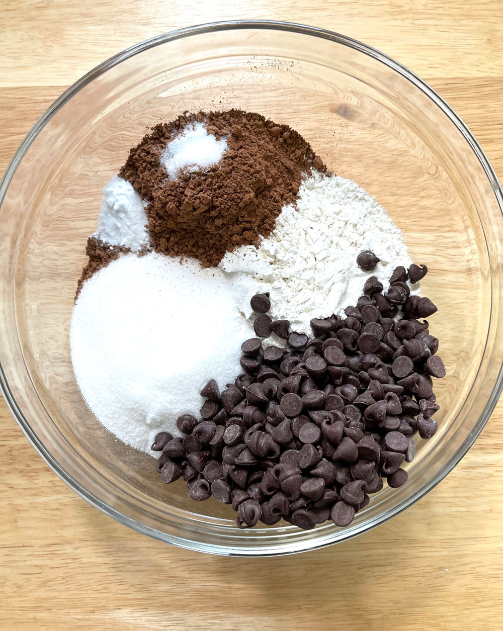 combine the dry ingredients: In a large mixing bowl, whisk the flour, sugar, cocoa powder, baking soda, a pinch of salt, and chocolate chips and set aside. Dry-Ingredients